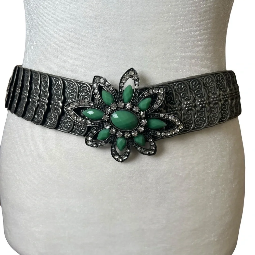 VTG 2000s Metal Stretch Statement Belt Rhinestone Flower Silver Tone Faux Jade